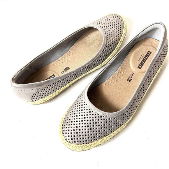 Clarks Womens Flats Pewter Leather Loafer Shoes Size 8W Perforated Espadrille - Picture 2 of 11